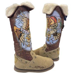 Ed Hardy Born Free American Eagle Fur Lined Winter Boots Women's Size 9 Unisex